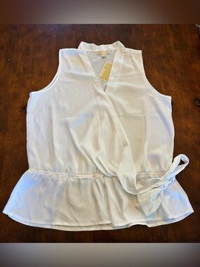 MICHAEL Michael Kors White Sleeveless Wrap Peplum Tie Blouse